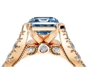 Solitaire Engagement Ring Setting for Fancy Blue Asscher Cut Center with Pave Cathedral Shoulders and Prong Head in Rose Gold