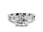 3 Stone Engagement Ring Setting for Heart-Shaped Center with Channel Baguette Accents and Prong Head in Sterling Silver