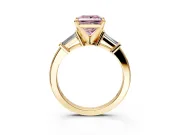 3 Stone Engagement Ring Setting for Fancy Pink Princess Cut Center with Channel Baguette Accents and Prong Head in Yellow Gold