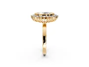 Halo Engagement Ring Setting for Oval Center with Milgrain Bezel Rim, Plain Band and Prong Head in Yellow Gold