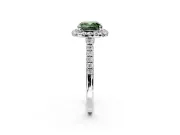 Halo Engagement Ring Setting for Fancy Green Cushion Cut Center with Narrowing Pave Band and Prong Head in Platinum