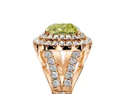 Double Halo Engagement Ring Setting for Fancy Yellow Cushion Cut Center with Narrow Pave Split Shank and Prong Head in Rose Gold