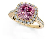 Halo Engagement Ring Setting for Fancy Pink Cushion Cut Center with Narrowing Pave Band and Prong Head in Yellow Gold
