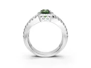 Halo Engagement Ring Setting for Fancy Green Emerald Cut Center with Wide-Open Pave Split Shank and Prong Head in Sterling Silver