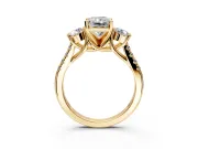 3 Stone Engagement Ring Setting for Radiant Cut Center with Crossover Basket, Pave Band and Prong Head in Yellow Gold