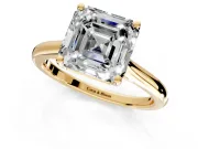 Solitaire Engagement Ring Setting for Asscher Cut Center with Narrow Cathedral Band and Prong Head in Yellow Gold