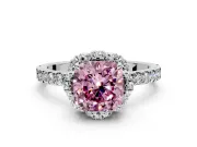 Halo Engagement Ring Setting for Fancy Pink Cushion Cut Center with Openwork Halo, Pave Band and Prong Head in Sterling Silver