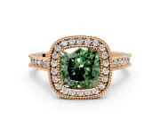 Halo Engagement Ring Setting for Fancy Green Cushion Cut Center with Milgrain Pave Band and Bezel Head in Rose Gold