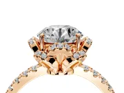 Halo Engagement Ring Setting for Round Cut Center with Openwork Halo, Pave Band and Prong Head in Rose Gold