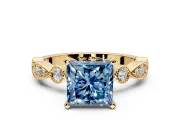 Solitaire Engagement Ring Setting for Fancy Blue Princess Cut Center with Milgrain Bezel Accents and Prong Head in Yellow Gold