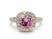 Halo Engagement Ring Setting for Fancy Pink Cushion Cut Center with Narrowing Pave Band and Prong Head in Yellow Gold