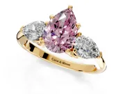 3 Stone Engagement Ring Setting for Fancy Pink Pear-Shaped Center with Large Pear-Shaped Accents and Prong Head in Yellow Gold