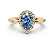 Halo Engagement Ring Setting for Fancy Blue Pear-Shaped Center with Tapered Plain Band and Prong Head in Yellow Gold