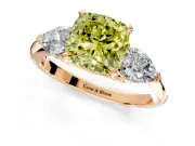 3 Stone Engagement Ring Setting for Fancy Yellow Cushion Cut Center with Large Pear-Shaped Accents and Prong Head in Rose Gold