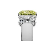 3 Stone Engagement Ring Setting for Fancy Yellow Radiant Cut Center with Raised Basket Heads and Prong Head in Platinum
