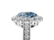 Halo Engagement Ring Setting for Fancy Blue Oval Center with Milgrain Channel Band and Prong Head in Platinum