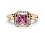 Halo Engagement Ring Setting for Fancy Pink Asscher Cut Center with Tapered Plain Band and Prong Head in Yellow Gold