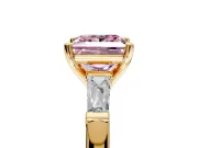 3 Stone Engagement Ring Setting for Fancy Pink Princess Cut Center with Tapered Baguettes, Plain Band and Prong Head in Yellow Gold