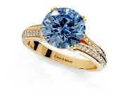 Solitaire Engagement Ring Setting for Fancy Blue Round Cut Center with Pave Rail Split Shank and Prong Head in Yellow Gold