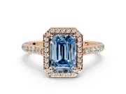Halo Engagement Ring Setting for Fancy Blue Emerald Cut Center with Pave Accents, Heart Basket and Prong Head in Rose Gold