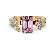 Floral Engagement Ring Setting for Fancy Pink Emerald Cut Center with Trailing Marquise Accents and Prong Head in Yellow Gold