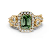 Milgrain Halo Engagement Ring Setting for Fancy Green Emerald Cut Center with Shoulder Bezels and Prong Head in Yellow Gold