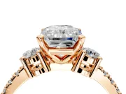 3 Stone Engagement Ring Setting for Radiant Cut Center with Round Cut Side Accents and Prong Head in Rose Gold