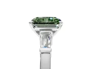 3 Stone Engagement Ring Setting for Fancy Green Radiant Cut Center with Channel Baguette Accents and Prong Head in Platinum