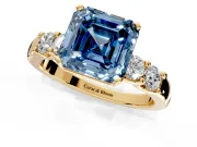 5 Stone Engagement Ring Setting for Fancy Blue Asscher Cut Center with Plain Band and Prong Head in Yellow Gold