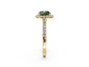 Halo Engagement Ring Setting for Fancy Green Cushion Cut Center with Narrowing Pave Band and Prong Head in Yellow Gold