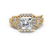 Milgrain Halo Engagement Ring Setting for Princess Cut Center with Shoulder Bezels and Prong Head in Yellow Gold