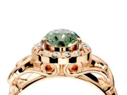 Halo Engagement Ring Setting for Fancy Green Pear-Shaped Center with Open Scroll Shoulders and Prong Head in Rose Gold
