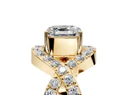 Halo Engagement Ring Setting for Asscher Cut Center with Pave Infinity Twist Band and Prong Head in Yellow Gold