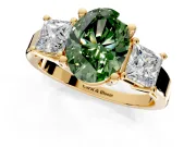 3 Stone Engagement Ring Setting for Fancy Green Oval Center with Matching Side Accents and Prong Head in Yellow Gold