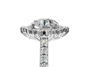 Sunburst Halo Engagement Ring Setting for Round Cut Center with Pave Band and Prong Head in Platinum