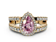 Halo Engagement Ring Setting for Fancy Pink Pear-Shaped Center with Wide-Open Pave Split Shank and Prong Head in Yellow Gold