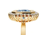 Halo Engagement Ring Setting for Fancy Blue Radiant Cut Center with Milgrain Bezel Rim, Plain Band and Prong Head in Yellow Gold