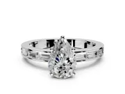 Solitaire Engagement Ring Setting for Pear-Shaped Center with Channel Baguette Band and Prong Head in Platinum