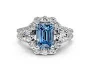 Halo Engagement Ring Setting for Fancy Blue Emerald Cut Center with Two-Strand Split Shank and Prong Head in Sterling Silver