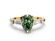 Bar-Set Engagement Ring Setting for Fancy Green Pear-Shaped Center with Tapered Baguette Accents and Prong Head in Yellow Gold