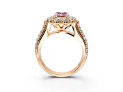 Large Accent Halo Engagement Ring Setting for Fancy Pink Emerald Cut Center with Pave Split Shank and Prong Head in Rose Gold