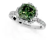 Halo Engagement Ring Setting for Fancy Green Cushion Cut Center with Openwork Halo, Pave Band and Prong Head in Platinum