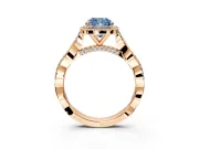 Halo Engagement Ring Setting for Fancy Blue Cushion Cut Center with Twist Band and Prong Head in Rose Gold