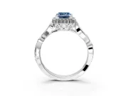 Halo Engagement Ring Setting for Fancy Blue Emerald Cut Center with Leaf Motif Split Shank and Prong Head in Platinum