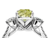 3 Stone Engagement Ring Setting for Fancy Yellow Cushion Cut Center with Crossover Basket, Pave Band and Prong Head in Platinum