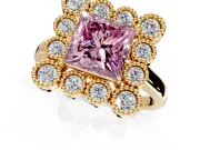 Cluster Halo Engagement Ring Setting for Fancy Pink Princess Cut Center with Milgrain Bezel Accents and Prong Head in Yellow Gold