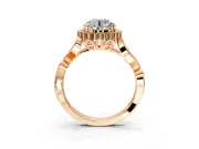 Halo Engagement Ring Setting for Round Cut Center with Leaf Motif Split Shank and Prong Head in Rose Gold