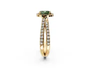 Halo Engagement Ring Setting for Fancy Green Cushion Cut Center with Double Pave Split Shank and Prong Head in Yellow Gold
