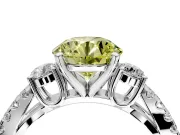 3 Stone Engagement Ring Setting for Fancy Yellow Round Cut Center with Pave Split Shank and Prong Head in White Gold