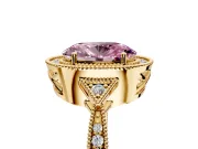 Halo Engagement Ring Setting for Fancy Pink Oval Center with Milgrain Rim, Pave Band and Prong Head in Yellow Gold